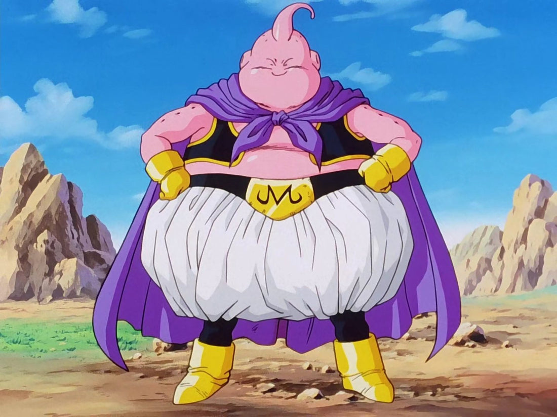 Fat Majin Buu, pink, with a purple cape and baggy white pants, smiles with his fists on his hips in a rocky setting under a blue sky.