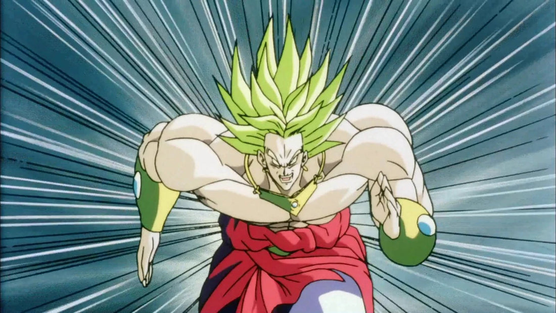 Broly du film de 1993 en Super Saiyan légendaire, cheveux vert-jaune dressés, pagne rouge, fonce vers l'avant sur fond de lignes de vitesse.
