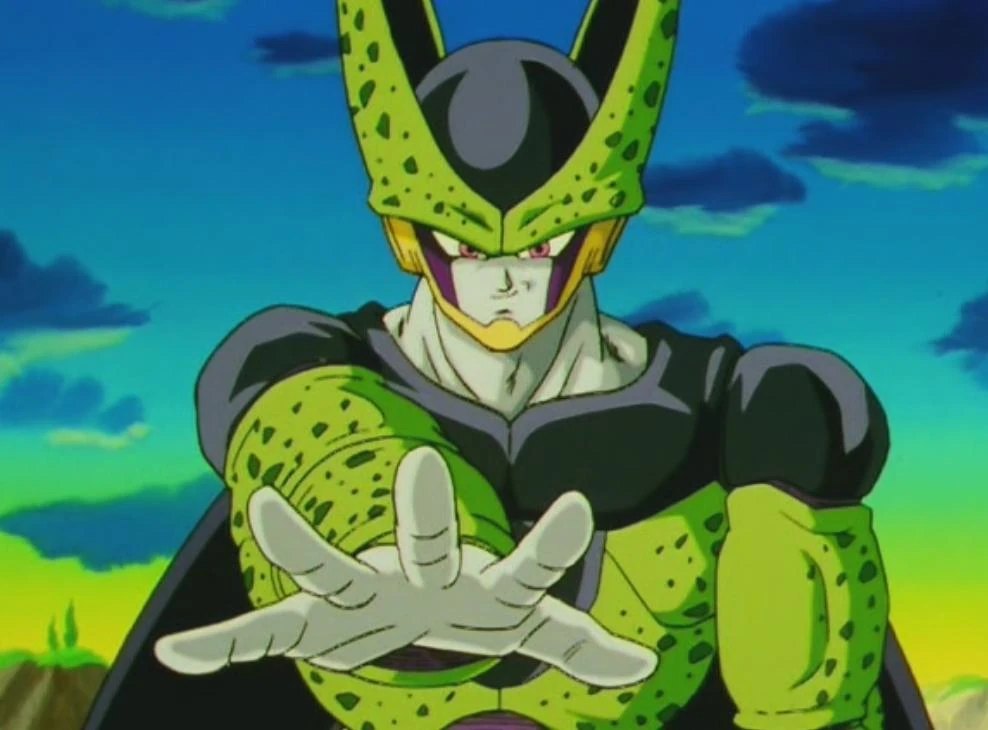 Cell in his perfect form, facing forward, reaches out a white hand in front of a blue-green sky heavy with dark clouds.
