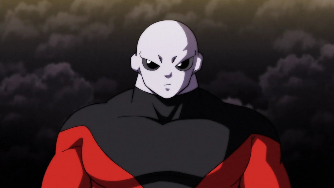 Chest-up shot of Jiren, smooth pale gray head and big black eyes, in his red and black bodysuit, against a sky of dark clouds