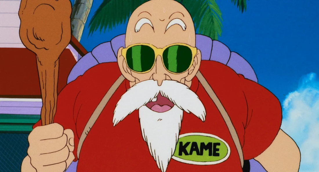 Master Roshi, in green-lensed glasses and with his staff in hand, wears a red shirt with a KAME patch and his purple shell on his back.