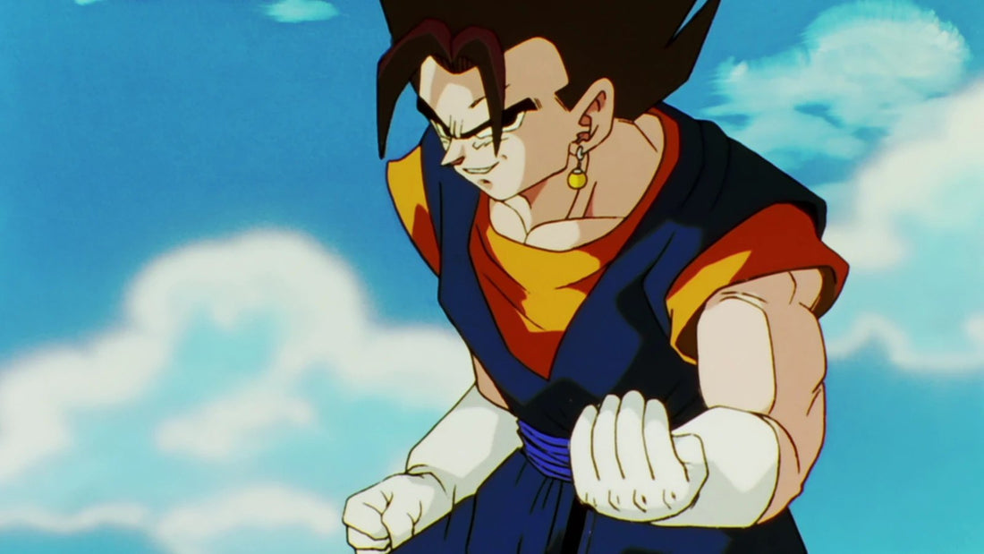 Black-haired Vegito, a yellow Potara earring on his ear, in a blue outfit over an orange T-shirt, clenches his white-gloved fists with a smirk