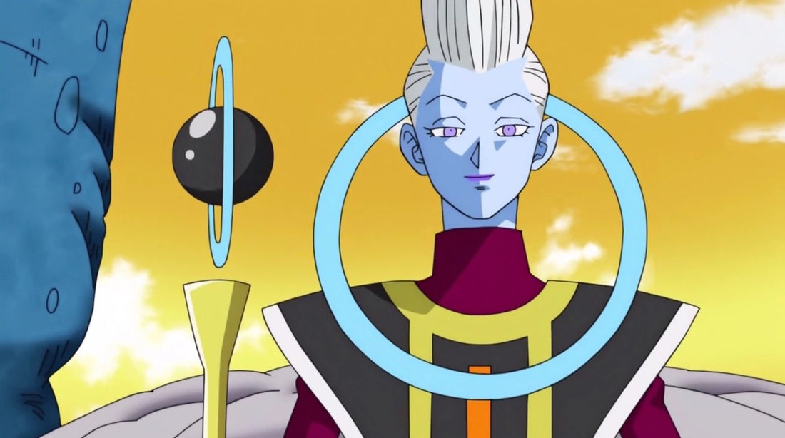 Smiling Whis, pale blue skin and upswept white hair, blue ring around his neck, next to the black orb of his scepter against a yellow sky