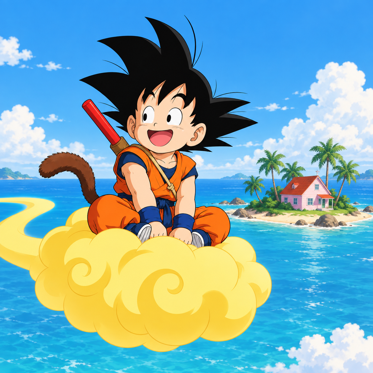 Son Goku enfant sur son nuage magique près de Kame House — illustration